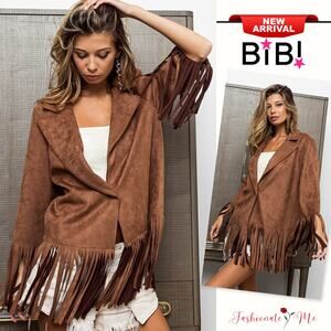 BiBi Fringed Hem Details Long Sleeves Suede Single Button Closure Blazer | Mocha